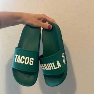Tacos and tequila slide sandals 7.5